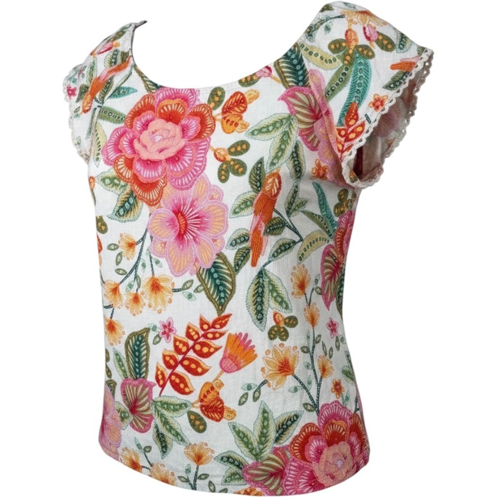 Rachel Zoe Floral Linen Blend Top XS Boho Crochet Trim Cottagecore Boho Coastal